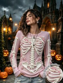Breezaya Women's Halloween Retro Skeleton Print Top - Apricot - View 1