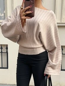 Siren Gaze Women's Off-Shoulder, Long-Sleeve, Loose-Fit Knit Sweater-Simple, Versatile, And Casual; Suitable For Daily Wear And Commuting In Autumn And Winter - Apricot - View 6