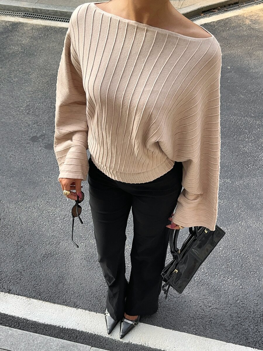 Siren Gaze Women's Off-Shoulder, Long-Sleeve, Loose-Fit Knit Sweater-Simple, Versatile, And Casual; Suitable For Daily Wear And Commuting In Autumn And Winter - Apricot - View 1