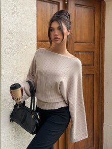 Siren Gaze Women's Off-Shoulder, Long-Sleeve, Loose-Fit Knit Sweater-Simple, Versatile, And Casual; Suitable For Daily Wear And Commuting In Autumn And Winter - Apricot - View 4