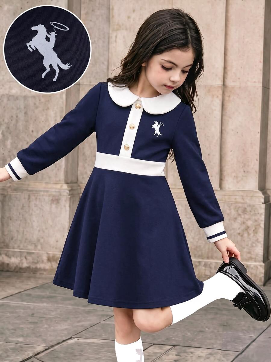 SHEIN Girls' Peter Pan Collar Navy Blue Long Sleeve Preppy Fairy Dress White Pony Graphic Print Gold Button 7th Birthday Wedding Kindergarten Autumn - Navy Blue - View 1