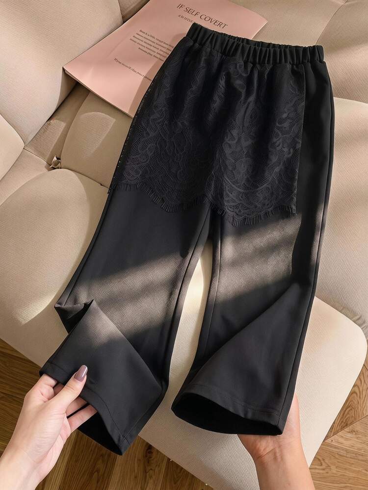Elladie kids Young Girl Black Flare Pants With DetachableStyle Lace Wrap Skirt Overlay, Elastic Waist Tie Decor Young Girls Bell Bottom Trousers For Casual Holiday - Black - View 4