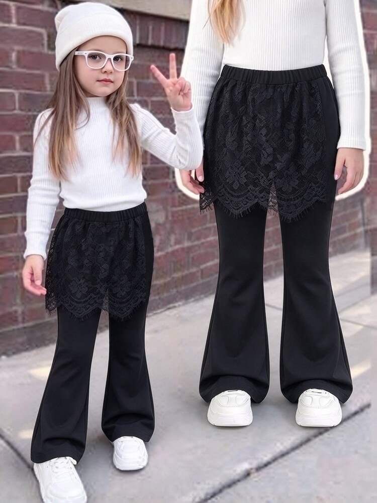 Elladie kids Young Girl Black Flare Pants With DetachableStyle Lace Wrap Skirt Overlay, Elastic Waist Tie Decor Young Girls Bell Bottom Trousers For Casual Holiday - Black - View 3