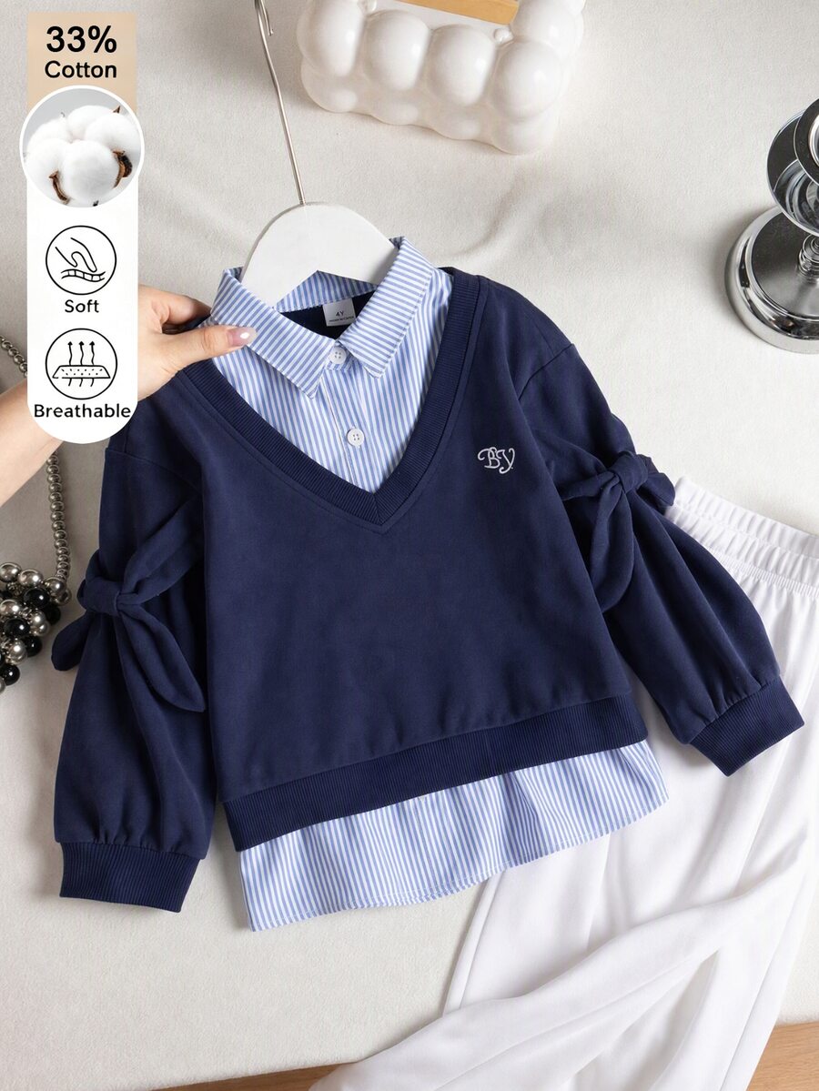 SHEIN Young Girl Fall Style Blue Shirt Collar Long Bow Long Sleeve Cotton Blend Sweatshirt, Soft Cotton For School Daily Wear In Autumn Winter