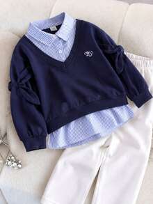 SHEIN Young Girl Fall Style Blue Shirt Collar Long Bow Long Sleeve Cotton Blend Sweatshirt, Soft Cotton For School Daily Wear In Autumn Winter - Navy Blue - View 5