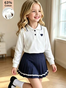 SHEIN 幼女秋季風格兩件套套裝，白色長袖 Polo 上衣與深藍色百褶裙套裝，63% 棉質柔軟透氣，適合校服與日常穿著 - 彩色 - 查看 6