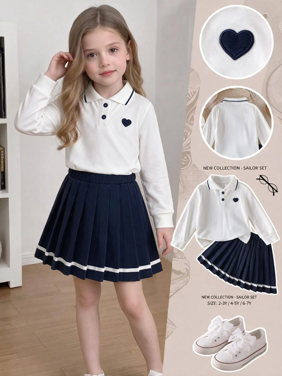 SHEIN 幼女秋季風格兩件套套裝，白色長袖 Polo 上衣與深藍色百褶裙套裝，63% 棉質柔軟透氣，適合校服與日常穿著