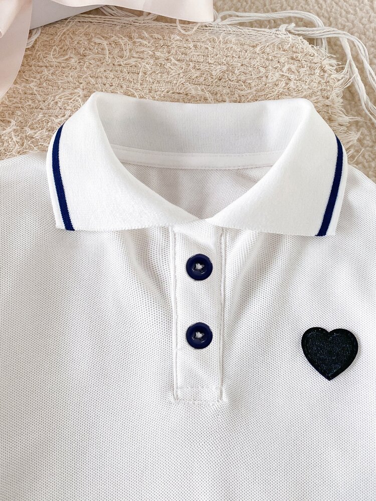 SHEIN Toddler Girls Fall Style 2-Piece Outfit, White Long Sleeve Polo Top & Navy Pleated Skirt Set, 63% Cotton Soft Breathable For School Uniform Daily Wear - Multicolor - View 9
