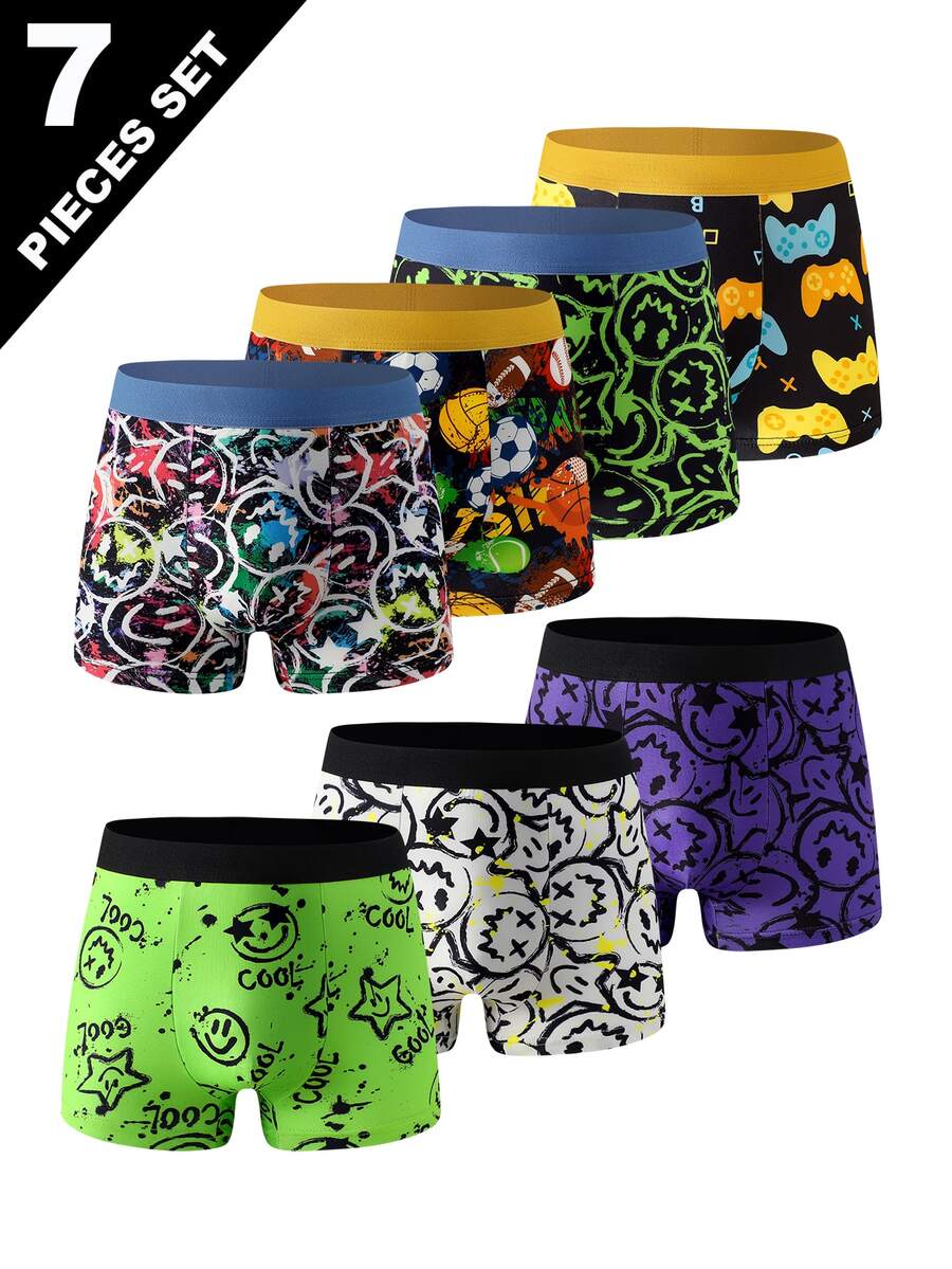 SHEIN 7pcs/Pack Boys' Game Console, Football, Rugby, Smiling Face Pattern Comfortable Growing Boxer Briefs Black Purple Summer Night Athletic Autumn Fall