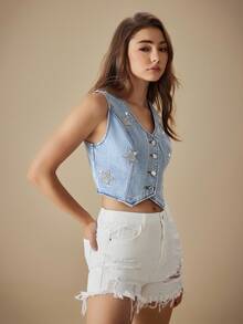 Selenza Women's Denim Vest Jacket With Star Pattern Sequin Decoration - Blue - View 3