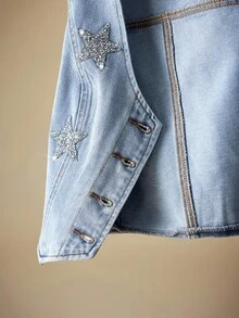 Selenza Women's Denim Vest Jacket With Star Pattern Sequin Decoration - Blue - View 7