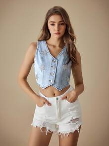 Selenza Women's Denim Vest Jacket With Star Pattern Sequin Decoration - Blue - View 5