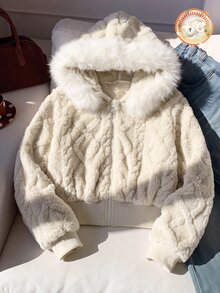 SHEIN 1件少女連帽長袖拉鍊收口短版夾克 毛絨針織提花 秋季 - 白色 - 查看 4