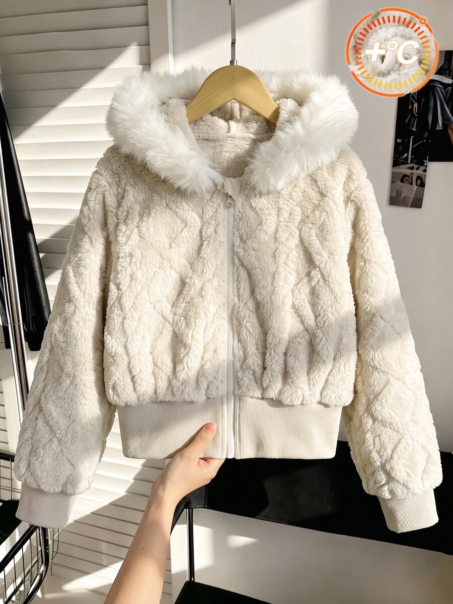 SHEIN 1件少女連帽長袖拉鍊收口短版夾克 毛絨針織提花 秋季 - 白色 - 查看 1