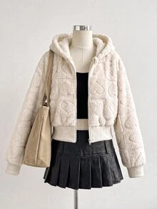 SHEIN 1件少女連帽長袖拉鍊收口短版夾克 毛絨針織提花 秋季 - 白色 - 查看 11