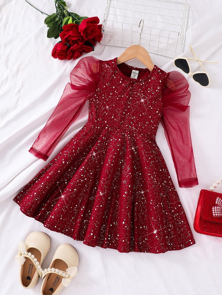 SHEIN Elegant&Cute Red Mesh Patchwork Sequin Long Sleeve Dress For Young Girls,Christmas Sparkly Girl Burgundy Party Winter Holiday - Burgundy - View 9