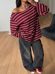 Coolane 女款大尺碼秋冬優雅街頭風外出穿著 Y2K 休閒寬鬆不對稱領長袖白色紅條紋 T 恤 - 紅白色 - 查看 4