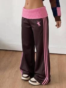 Tween Girls Fleece Flared Sweatpants Preppy Y2k 2000s Casual Athletic Colorblock High Waist Sporty Winter Pants Sport School Pink And Brown Active - Rust Brown - View 10