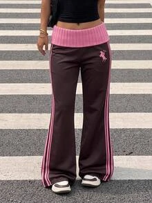 Tween Girls Fleece Flared Sweatpants Preppy Y2k 2000s Casual Athletic Colorblock High Waist Sporty Winter Pants Sport School Pink And Brown Active - Rust Brown - View 1