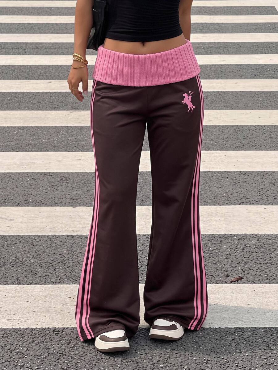 Tween Girls Fleece Flared Sweatpants Preppy Y2k 2000s Casual Athletic Colorblock High Waist Sporty Winter Pants Sport School Pink And Brown Active - Rust Brown - View 1