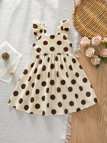 SHEIN Young Girls Cute Retro Brown Large Polka Dot Girls' Spaghetti Strap Dress, Square Neck Ruffle Flutter Sleeve Cinched Waist Princess Dress - Multicolor - View 3