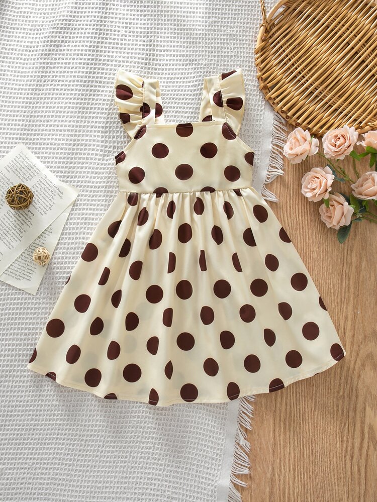 SHEIN Young Girls Cute Retro Brown Large Polka Dot Girls' Spaghetti Strap Dress, Square Neck Ruffle Flutter Sleeve Cinched Waist Princess Dress - Multicolor - View 3