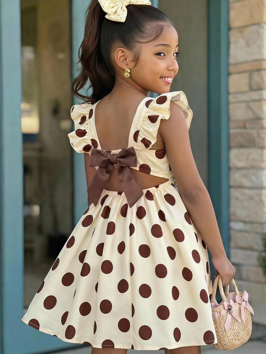 SHEIN Young Girls Cute Retro Brown Large Polka Dot Girls' Spaghetti Strap Dress, Square Neck Ruffle Flutter Sleeve Cinched Waist Princess Dress - Multicolor - View 1