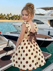 SHEIN Young Girls Cute Retro Brown Large Polka Dot Girls' Spaghetti Strap Dress, Square Neck Ruffle Flutter Sleeve Cinched Waist Princess Dress - Multicolor - View 2