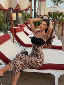 Sirith Women's Fashion Leopard Print Patchwork Spaghetti Strap Dress Party Club Black And White Leopard Print Summer Sexy - Multicolor - View 9
