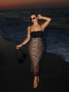 Sirith Women's Fashion Leopard Print Patchwork Spaghetti Strap Dress Party Club Black And White Leopard Print Summer Sexy - Multicolor - View 4