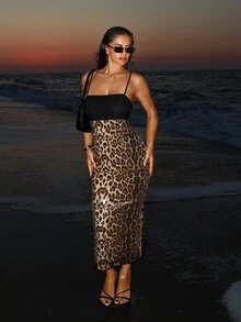 Sirith Women's Fashion Leopard Print Patchwork Spaghetti Strap Dress Party Club Black And White Leopard Print Summer Sexy - Multicolor - View 1