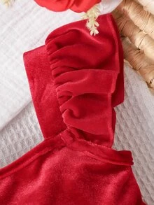 SHEIN 女嬰針織天鵝絨純色方領荷葉邊休閒洋裝，優雅時髦連身裙，紅色秋季聖誕洋裝 - 紅色 - 查看 7