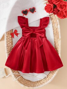SHEIN 女嬰針織天鵝絨純色方領荷葉邊休閒洋裝，優雅時髦連身裙，紅色秋季聖誕洋裝 - 紅色 - 查看 4