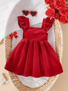 SHEIN 女嬰針織天鵝絨純色方領荷葉邊休閒洋裝，優雅時髦連身裙，紅色秋季聖誕洋裝 - 紅色 - 查看 2