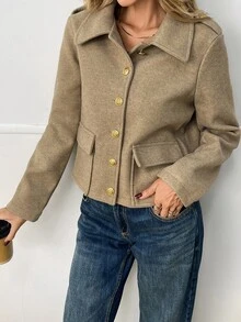 Elyressa Women's Solid Color Casual Versatile Daily Long Sleeve Jacket - Khaki - View 3