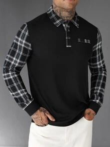 Calvornis Kemeja Polo Pria Lengan Panjang Motif Kotak-kotak Patchwork Kasual untuk Berpergian - Hitam - View 6