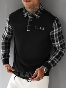 Calvornis Kemeja Polo Pria Lengan Panjang Motif Kotak-kotak Patchwork Kasual untuk Berpergian - Hitam - View 3