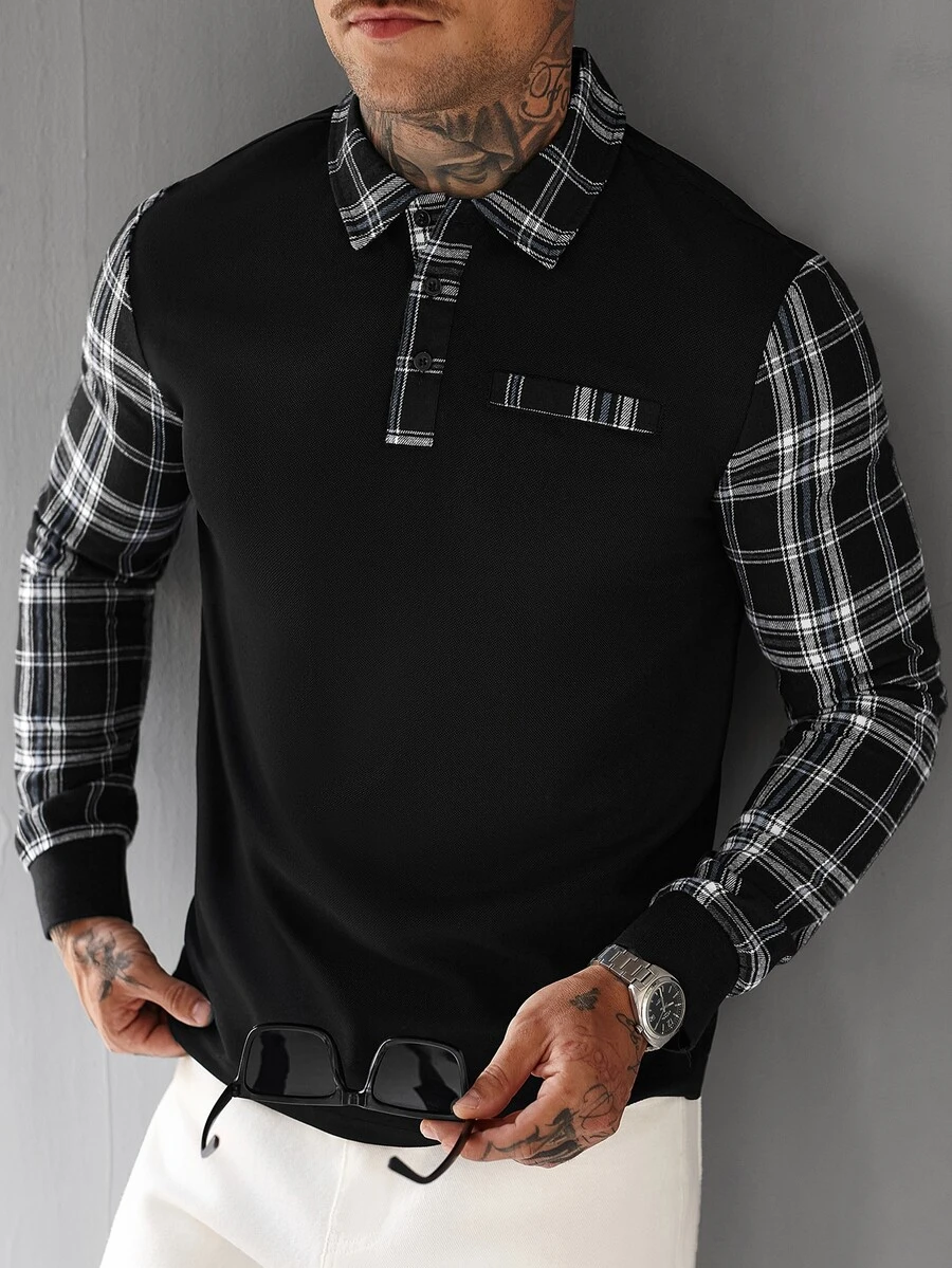 Calvornis Men's Patchwork Plaid Long Sleeve Casual Commute Polo Shirt - Black - View 1