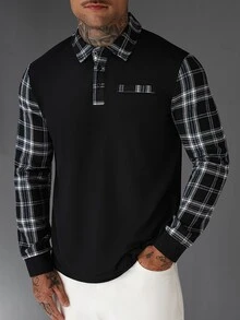 Calvornis Kemeja Polo Pria Lengan Panjang Motif Kotak-kotak Patchwork Kasual untuk Berpergian - Hitam - View 5