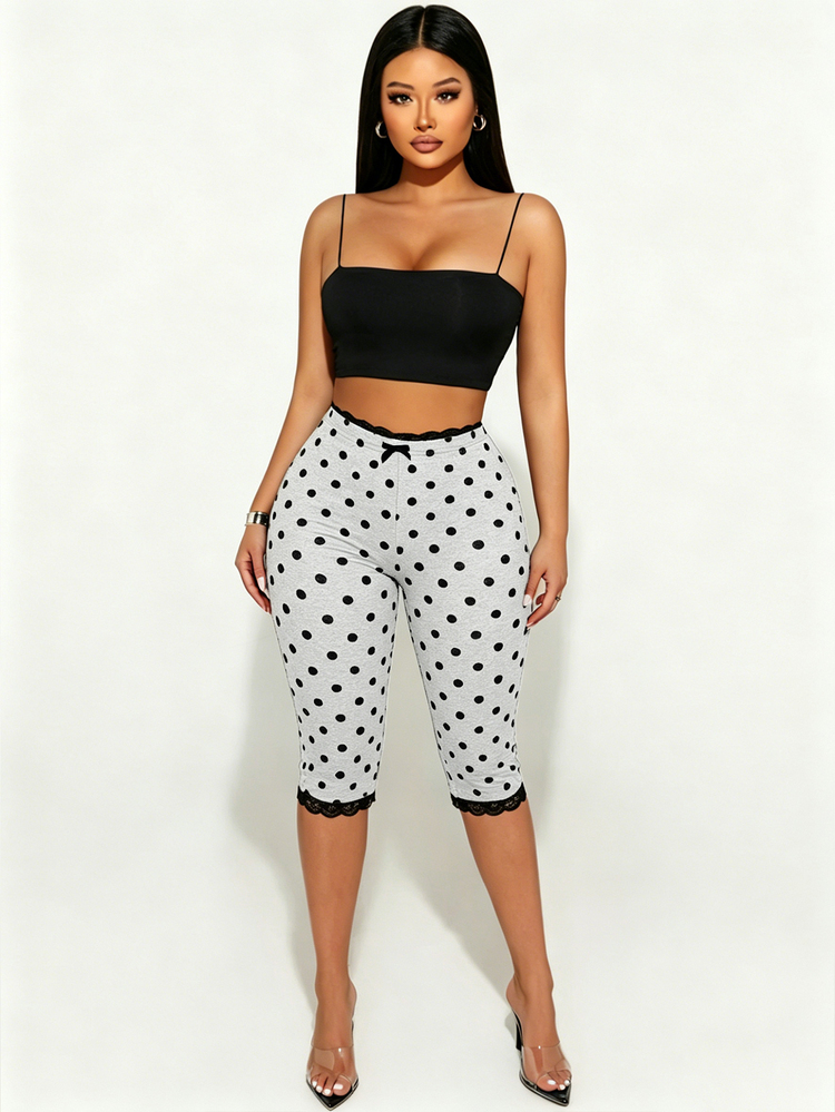 Sirith Women's Lace Trim Bow Decor White And Black Polka Dot Leggings Home Summer Cute Casual Lounge - Grey - View 5