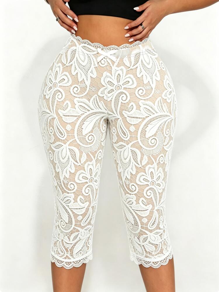 Sirith Women's Lace Trim Bow Decor Black & White Polka Dot Leggings - Apricot - View 3