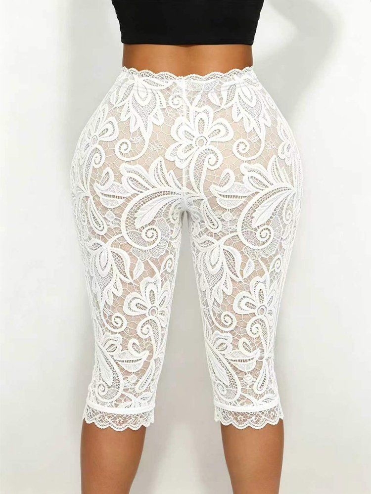 Sirith Women's Lace Trim Bow Decor Black & White Polka Dot Leggings - Apricot - View 2