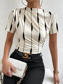 RosyDaze Women's Striped Ruffle Collar Short Sleeve Fashion T-Shirt - Apricot - View 3