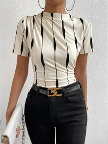 RosyDaze Women's Striped Ruffle Collar Short Sleeve Fashion T-Shirt - Apricot - View 5
