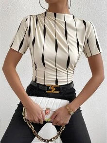 RosyDaze Women's Striped Ruffle Collar Short Sleeve Fashion T-Shirt - Apricot - View 6