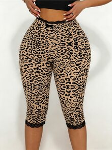 Sirith Leggings capri de mujer con estampado de leopardo, adorno de lazo y ribete de encaje - Marrón - Ver 4