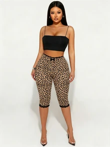 Sirith Leggings capri de mujer con estampado de leopardo, adorno de lazo y ribete de encaje - Marrón - Ver 8