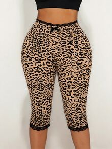 Sirith Leggings capri de mujer con estampado de leopardo, adorno de lazo y ribete de encaje - Marrón - Ver 6