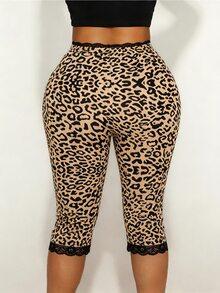 Sirith Leggings capri de mujer con estampado de leopardo, adorno de lazo y ribete de encaje - Marrón - Ver 2