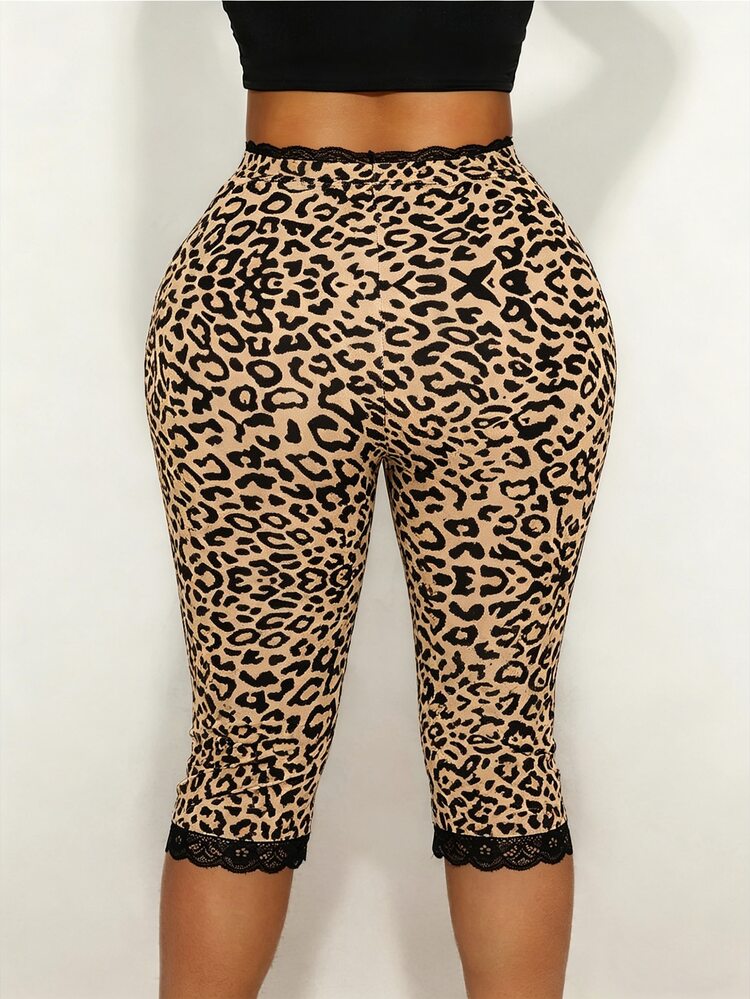 Sirith Women's Lace Trim Bow Decor Leopard Print Capri Leggings - Brown - View 2